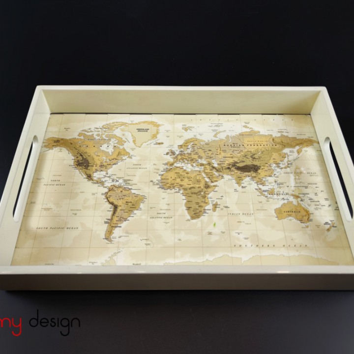 Cream rectangular lacquer tray with map pattern 19*30 cm